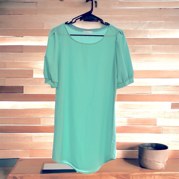 Coco & Main Women’s Mint Green Silky Shift Dress Tunic Puff Sleeve Dress Size M - Picture 1 of 15